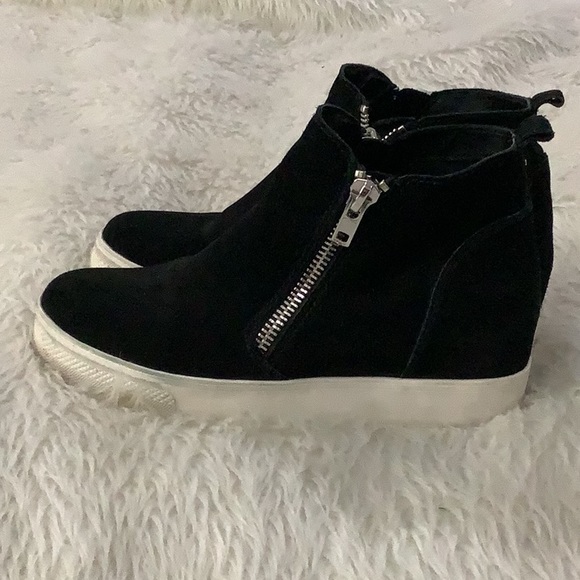 Steve Madden black leather zipper wedge boot shoes size 8.5 - Picture 4 of 7